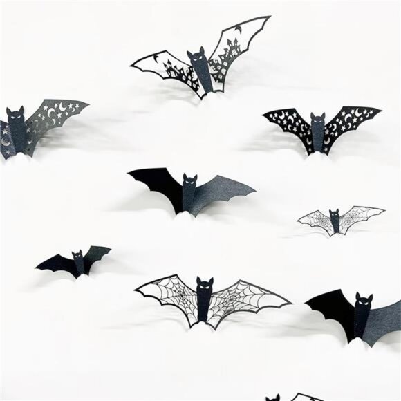 24Pcs Large Halloween Bats Decorations - 3D Self-Adhesive PVC Scary Wall Decor - Picture 4 of 8